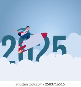 A man riding a rocket above the number 2025. Illustration for new year goals, new targets and new challenges.
