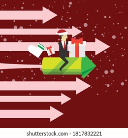 Man riding rocket, sending gifts on Christmas Day. Vector illustration in flat style