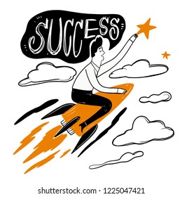 Man riding a rocket through the clouds at speed to grab the stars,
metaphor leadership solutions corporate of success. Vector Illustration doodle style