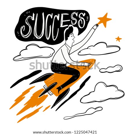 Man riding a rocket through the clouds at speed to grab the stars,
metaphor leadership solutions corporate of success. Vector Illustration doodle style