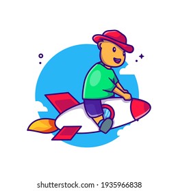 Hombre montando una ilustración de caricatura del vector de cohetes. Icono de viaje Concepto blanco aislado. Estilo de caricatura plano adecuado para la página de aterrizaje web, pancarta, etiqueta y fondo