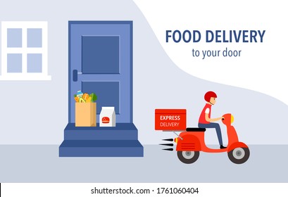 Man riding scooter after placing products at customer house door. Online food order and food delivery service concept. Uber eat, grab food, fast food design for landing page, web, mobile app, poster.	