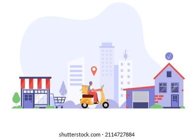 Man Riding A Scooter In A City Delivering Online Order And Food. Infographic About Delivery Chain From Store To Home. Flat Vector Illustration