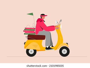 Man riding scooter, concept of food delivery service, courier delivering pizza from restaurant.  Flat vector illustration