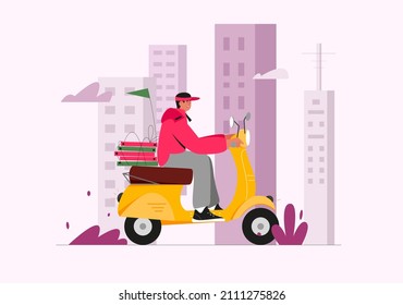 Man riding scooter, concept of food delivery service, courier delivering pizza from restaurant.  Flat vector illustration, city landscape