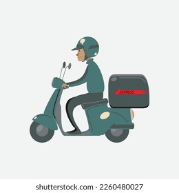 A man riding a scooter delivery isolated on white background. Online restaurant order food service. E-commerce concept. vector illustration flat design.
