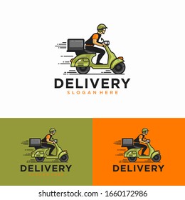 Un hombre monta una moto. vector de logotipo de entrega