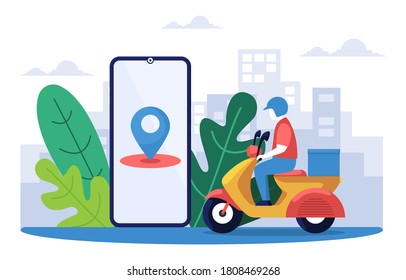Man Riding Scooter Delivery Service Food Shipping by Mobile Application