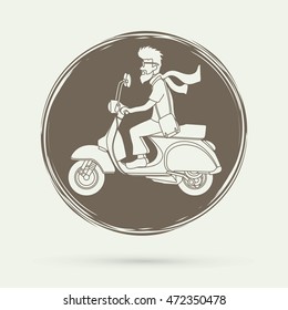 Man riding scooter designed on grunge circle background graphic vector.