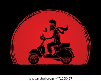 Man riding scooter designed on sunset background graphic vector.