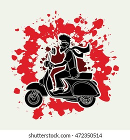 Man riding scooter designed on splatter colors background graphic vector.