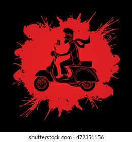 Man riding scooter designed on splash blood background graphic vector.