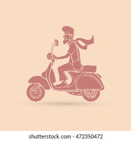 Man riding scooter designed using line wave graphic vector.