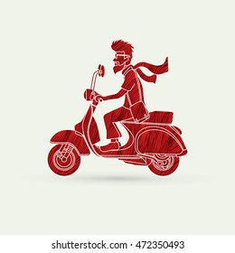 Man riding scooter designed using red grunge brush graphic vector.