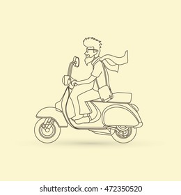 Man riding scooter designed using outline graphic vector.