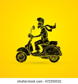Man riding scooter designed using grunge brush graphic vector.