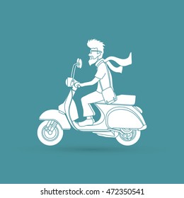 Man riding scooter designed  using colorful pixels graphic vector.