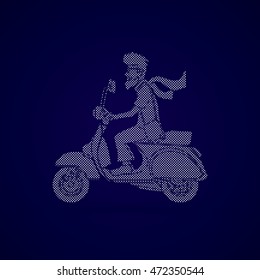 Man riding scooter designed using dots pixels graphic vector.