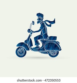 Man riding scooter designed using blue grunge brush graphic vector.