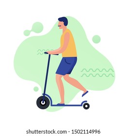 Man riding scooter. Flat vector illustration.