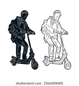 Man riding scooter hand drawn line art silhouette. Black and white vector cartoon illustration