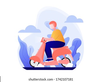 man riding a scooter with helmet. safety ride illustration vector, flat style.