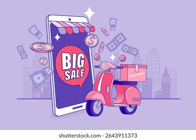 Homem andando de scooter. Cenário de loja digital na Internet com pessoas em compras. Ilustração de propaganda de e-commerce. serviço de entrega on-line rápido. Mãos segurando uma caixa de pacote com mantimentos fora do celular.