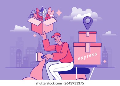 Man riding scooter. Internet digital store scene with people on shopping. E-commerce advertising illustration. fast online delivery service. Hands holding a package box with groceries out of mobile.