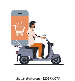 man riding scooter with mobile application online shopping concept isolated flat vector illustration