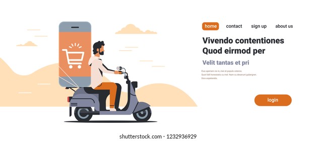 man riding scooter with mobile application online shopping concept isolated flat horizontal copy space vector illustration