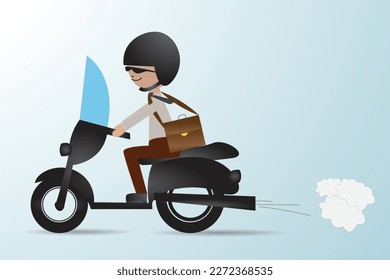 a man riding a scooter to office work. The vehicle in the metropolis. Vector illustration in cartoon style.