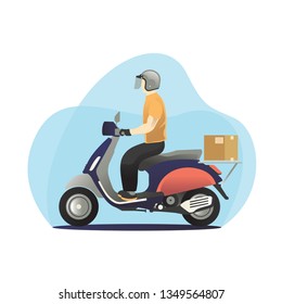Man riding scooter with a parcel box behind, delivery man - flat vector illustration