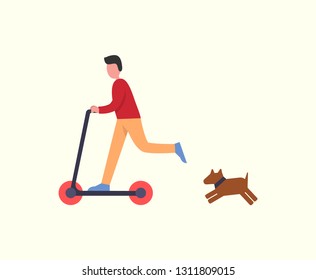 Man riding scooter pet dog following owner, running canine vector. Lifestyle of male, young male having fun with transport. Person balancing on board