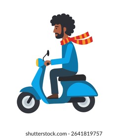 man riding a scooter with a red scarf. Perfect for delivery, transportation, urban life, and travel-themed projects or mobile apps