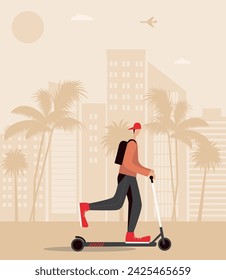 Hombre montando un scooter en el resort. Ilustración de vector