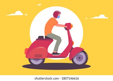 man riding a scooter, wearing mask. flat design illustration