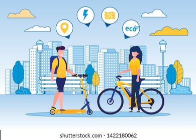 Man Riding Scooter, Woman on Bicycle Flat Cartoon. City Life with Eco Transportation. Healthy Lifestyle. Location, Energy Icons or Signs. Spending Time Actively in Park or Green Area.