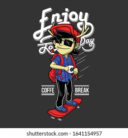 a man riding a skateboard carrying coffee