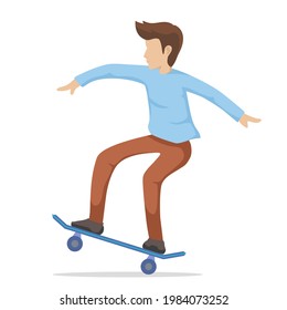 A man riding a skateboard and lifting a wheel. vector illustrator in flat style.