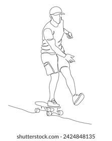 Man riding skateboard. Wear gloves, cap. Continuous line drawing. Hand drawn black and white vector illustration in line art style.