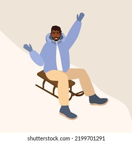 Man riding sled on slope covered with snow in cold snowy weather. Active characters on snowy hills. Outdoor wintertime fun. Flat vector illustration