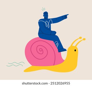 Homem andando com caracol lento nunca atinge o objetivo. Gerenciamento ineficiente. Ilustração vetorial colorida
