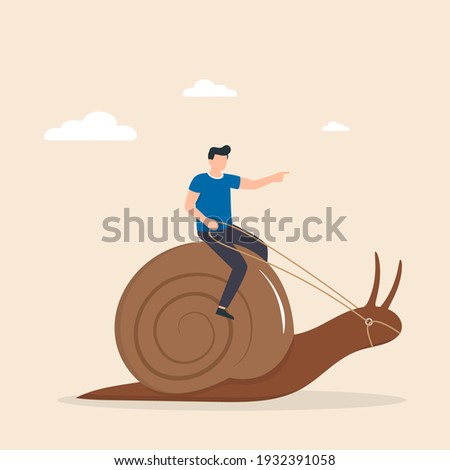 Man, riding snail, giving it commands. Strategy to achieve success leisurely. Inefficient management. Vector Illustration Stock photo © 