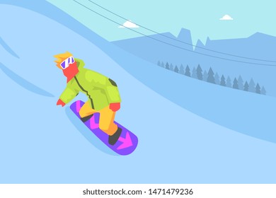 Man Riding Snowboard, Extreme Winter Sport, Male Athlete Spending Active Winter Vacation Vector Illustration