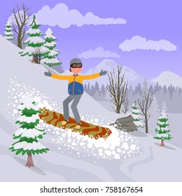 A man is riding a snowboard. Vector illustration, a flat style design.