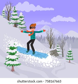 A man is riding a snowboard. Vector illustration, a flat style design.