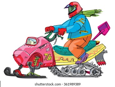 A man is riding snowmobile. Winter extreme sport concept. Cartoon. Caricature.