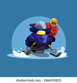 Man riding snowmobiles. race in winter season concept in cartoon illustration vector