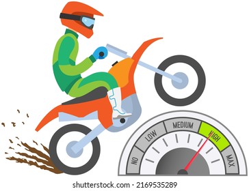 Man riding sport bike and doing sports stunt at competitions, addicted to drive at high speed. Motorcyclist brave person. Speedo with scales and pointers for measurement of speed and kilometers