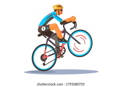 Man riding sport bike vector illustration. Cyclist in sportswear and helmet doing bike trick wheelie flat style design. Extreme sport concept. Isolated on white background